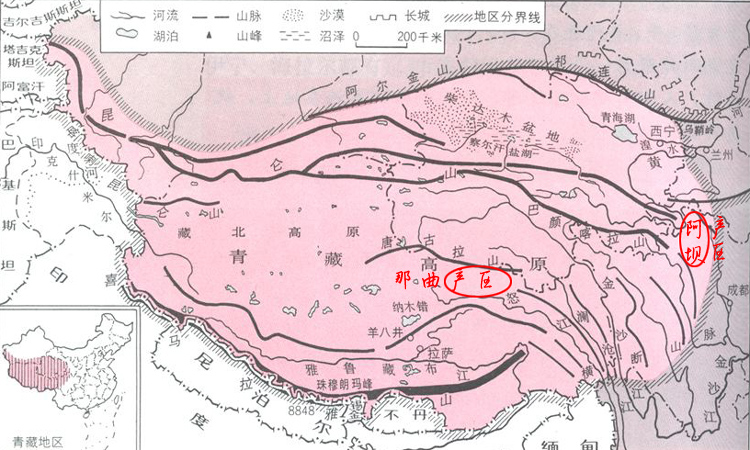 阿壩和那曲在青藏高原上的位置地圖
